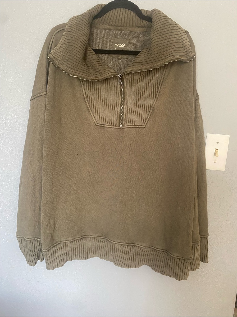 aerie  Olive Zip-Neck Ribbed Collar  Sweater XL